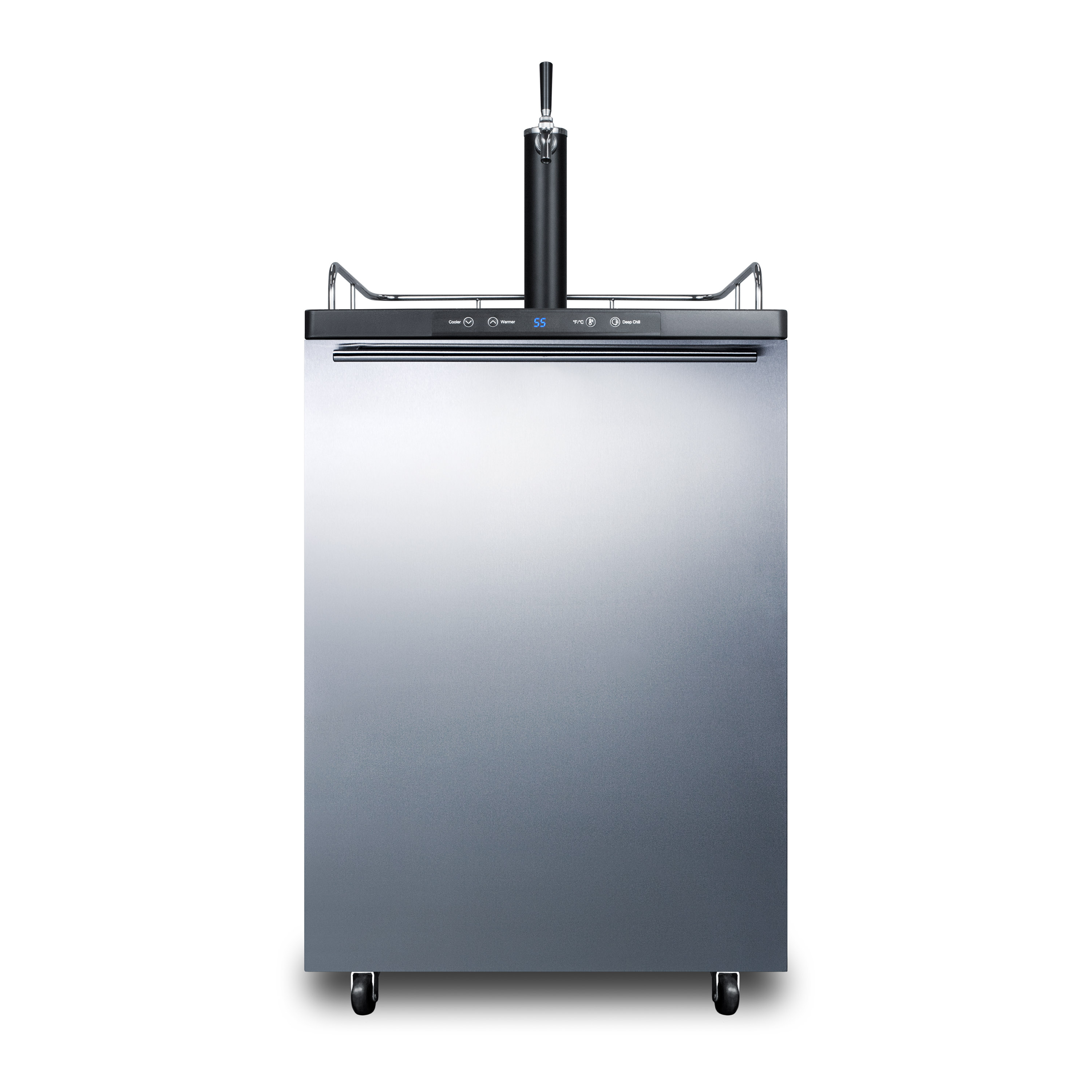 Freestanding residential beer dispenser, auto defrost with digital thermostat, stainless steel wrapped door, horizontal handle and black cabinet